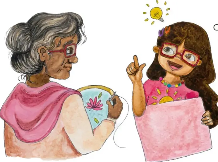 Abuelita de cabello canoso y lentes, con chal rosa, bordando un bastidor con una flor; junto a ella, una niña de lentes y cabello rizado sostiene una hoja rosa y levanta el dedo índice, con un foco encendido sobre su cabeza.
