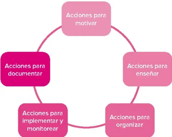 Diagrama circular de cinco recuadros rosa/magenta unidos por flechas en ciclo: 'Acciones para motivar' (arriba), 'Acciones para enseñar' (derecha), 'Acciones para organizar' (abajo derecha), 'Acciones para implementar y monitorear' (abajo izquierda, recuadro rosa más saturado) y 'Acciones para documentar' (izquierda, recuadro magenta más intenso). Debajo: 'Fuente: Anijovich (2019)'.