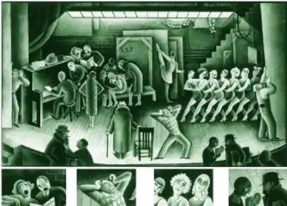 Dibujo a lápiz en blanco y negro (impreso en tinta verde) de un escenario teatral durante un ensayo: siete bailarinas alineadas, pianista, cantantes, un hombre con las manos en la cabeza, otro con abrigo y bastón de espaldas, una mujer que llora en una banca y una bailarina con la pierna elevada al fondo; debajo, cuatro recuadros con detalles de personajes.