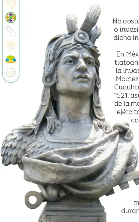 Busto escultórico de Cuauhtémoc con penacho de plumas, mostrado de perfil.