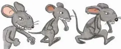Tres ratones grises corriendo en fila, uno detrás de otro, con expresión de estar siguiendo un sonido.