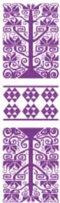 Dos grecas decorativas color púrpura con motivos prehispánicos; la primera rotulada 'Matemáticas' y la segunda 'Física'.