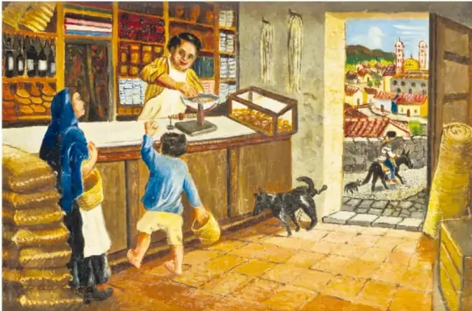Pintura 'Mi padre me llevó a Altotonga, Veracruz a trabajar de dependiente en una tienda' (1929). Interior de una tienda: una mujer con un niño frente al mostrador, un dependiente atendiendo, un gato y, por la puerta, una calle con una iglesia y personas.