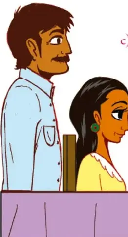Ilustración de una familia: padre, madre, niña y niño conversando alrededor de una mesa; la niña sostiene una carta.