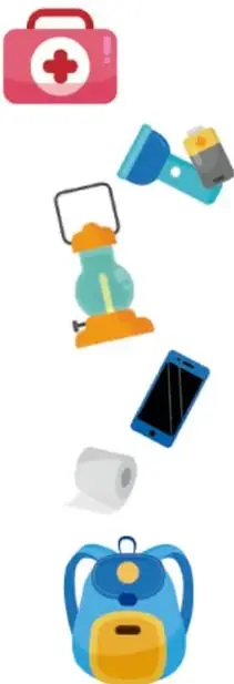 Ilustraciones de una mochila de emergencia: botiquín, lámpara, radio, teléfono celular, papel higiénico y mochila escolar.