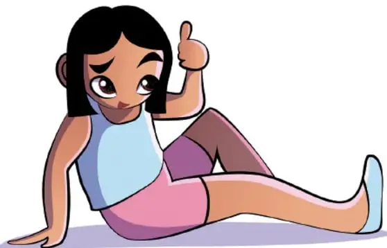 Ilustración de una niña sentada en el suelo con una mano levantada haciendo la señal de aprobación.