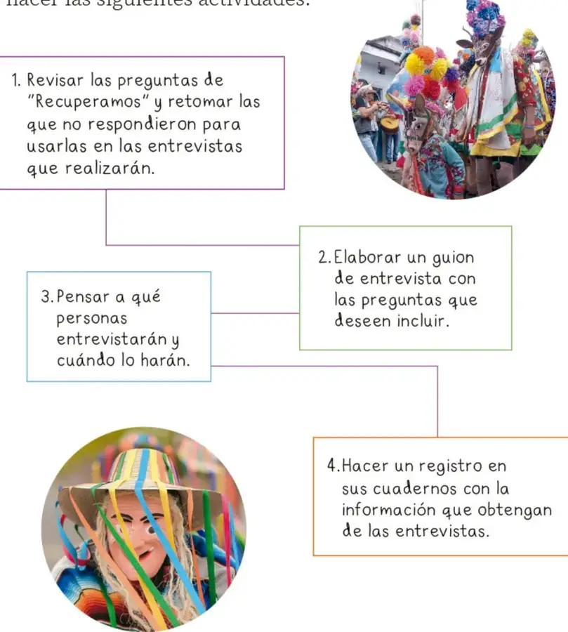Fotografía circular de personas disfrazadas con trajes coloridos y flores durante una fiesta comunitaria, con músicos al fondo.