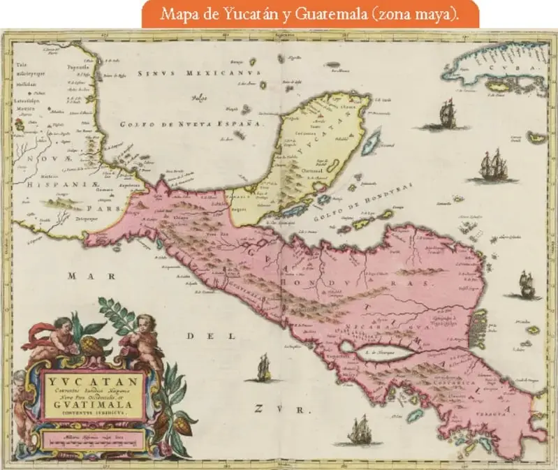 Mapa histórico titulado "Mapa de Yucatán y Guatemala (zona maya)" que muestra la península de Yucatán, el Golfo de México, el Golfo de Honduras, el Mar del Sur, y las costas de Honduras y Guatemala, con un recuadro decorativo que dice "Yucatán y Guatemala".