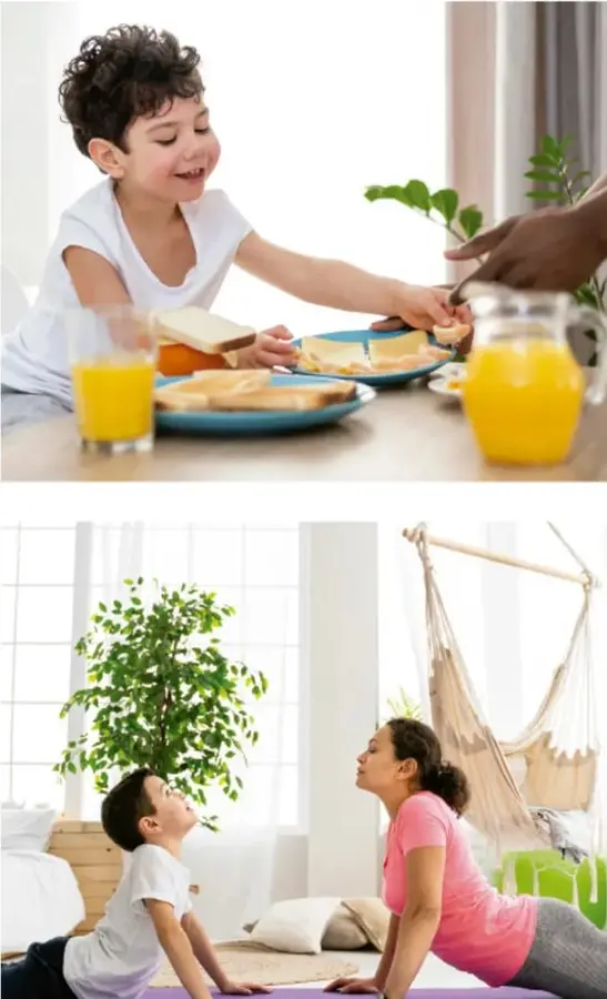 Niño pequeño desayunando en una mesa con jugo de naranja, pan y alimentos, junto a una mano adulta que le sirve comida.