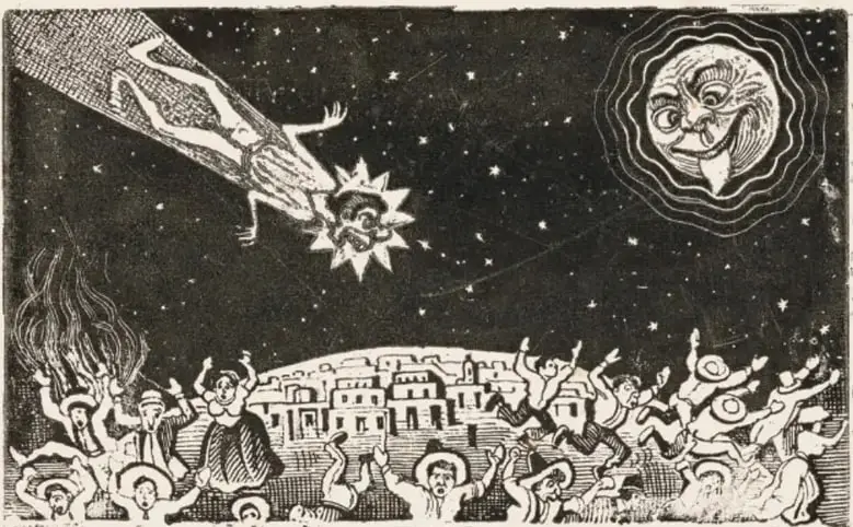 Grabado antiguo: una figura con forma de cometa cruza el cielo nocturno sobre un pueblo; a la derecha hay un sol con rostro y abajo personas con los brazos levantados.