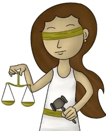 Ilustracion de una figura femenina con los ojos vendados (Justicia) sosteniendo una balanza y un martillo, representando la autoridad imparcial. Ilustracion de Guillermo de Marco Rojas Palos, Jalisco.