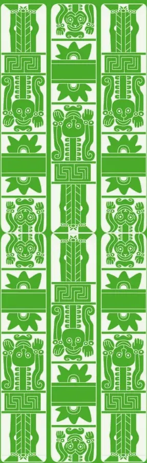 Franja vertical verde con tres columnas de figuras estilizadas de estilo prehispánico (máscaras, plantas y grecas) en blanco sobre verde, que decoran el capítulo.