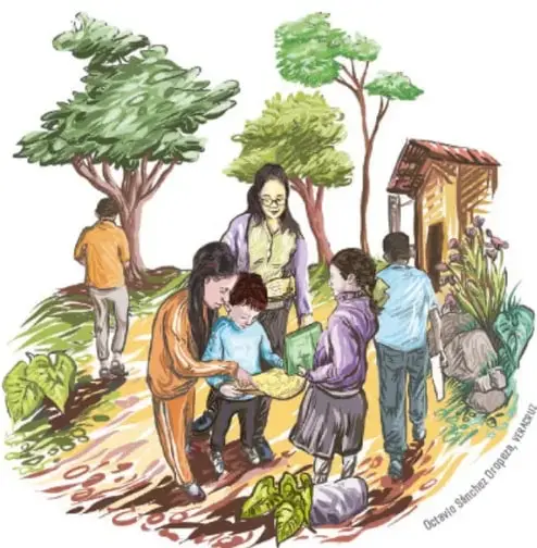 Ilustración de un grupo de estudiantes y una maestra reunidos al aire libre, observando un mapa o plano sobre una mesa, rodeados de árboles y una casa rural. Uno de los estudiantes señala el mapa mientras los demás escuchan.