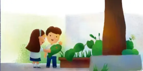 Dos niños sentados en el piso, uno se señala la boca, escuchando o hablando.