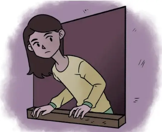 Ilustración de una adolescente de cabello oscuro y suéter claro, asomada a una ventana con expresión de preocupación; fondo morado.