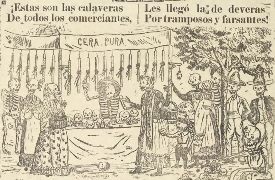 Ilustración de esqueletos disfrazados de comerciantes y vendedores en un mercado, con un puesto de 'CERA PURA' y figuras de la muerte.