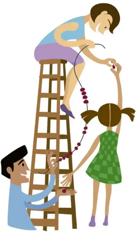 Ilustración de tres personas (un adulto en una escalera y dos niñas) construyendo juntas un largo collar de cuentas rojas; créditos a Angélica Guadalupe Mendía Martínez, Baja California Sur.
