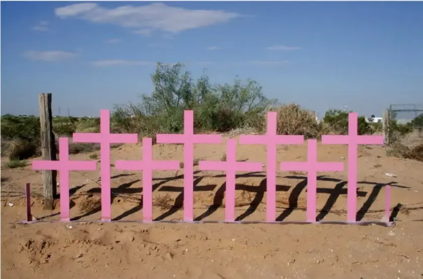 Fotografía de una serie de cruces rosas instaladas en un terreno arenoso al aire libre, como intervención de arte activista feminista que visibiliza a víctimas del feminicidio.