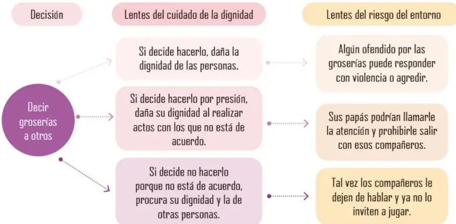 Diagrama con un círculo morado central 'Decir groserías a otros' que se conecta con flechas a dos columnas: 'Lentes del cuidado de la dignidad' (recuadros rosas) y 'Lentes del riesgo del entorno' (recuadros amarillos), mostrando consecuencias de cada opción de decisión.