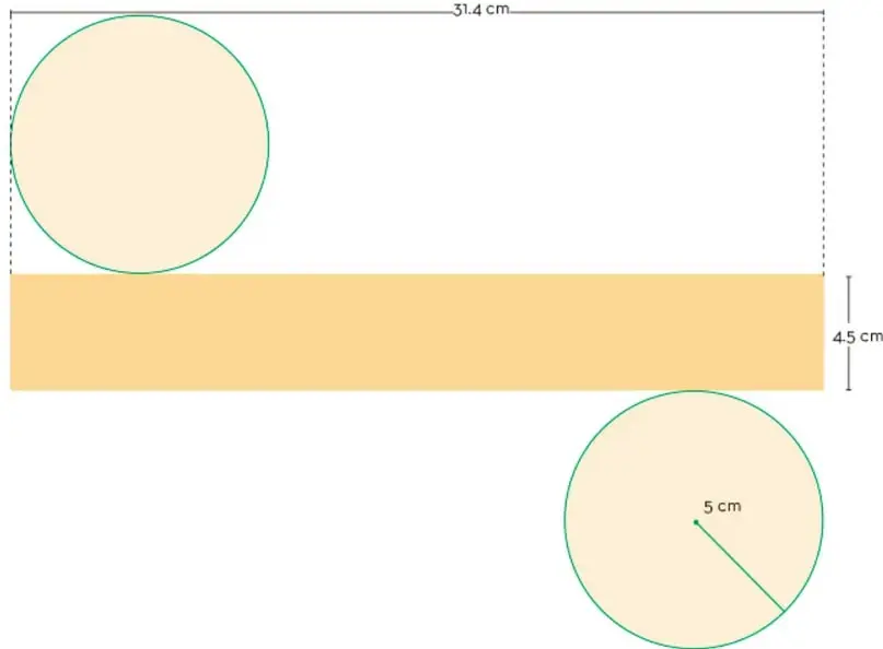 Desarrollo plano de un cilindro: rectángulo de 31,4 cm de largo por 4,5 cm de ancho, unido a un círculo de radio 5 cm; abajo se muestra el segundo círculo base.