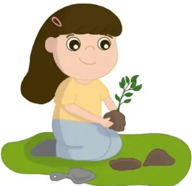 Ilustración de una niña sentada en el pasto sosteniendo una planta pequeña con tierra, junto a piedras. Crédito: María José Salas González, Jalisco.