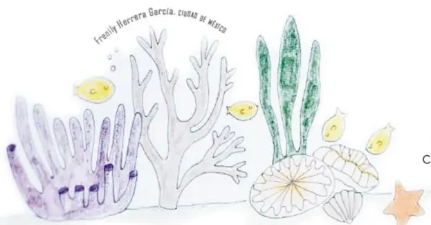 Escena submarina con corales de colores, algas verdes, peces amarillos, conchas y una estrella de mar.