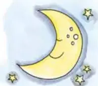 Ilustración de una luna creciente amarilla con ojos y boca sonriente, rodeada de estrellas.