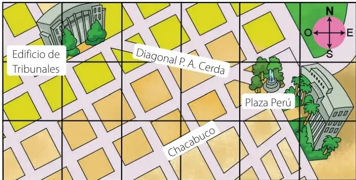 Plano con cuadrícula de una parte del centro de Concepción: Edificio de Tribunales a la izquierda, Diagonal P. A. Cerda, Plaza Perú al centro-derecha y calle Chacabuco. Arriba a la derecha, rosa de los vientos con N, E, S y O.