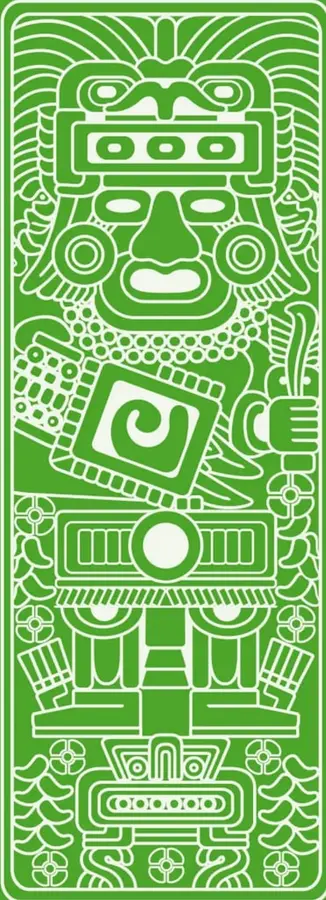 Ilustración ornamental verde sobre fondo blanco de estilo prehispánico, que representa una figura deplete con rasgos mesoamericanos, probablemente una deidad o símbolo relacionado con la tierra y la cosmovisión de los pueblos originarios.