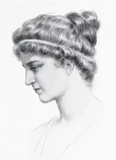 Retrato a lápiz de Hipatia de Alejandría, mujer joven con cabello recogido y cinta en la cabeza, mirando de perfil hacia abajo.