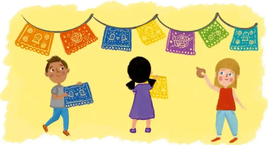 Ilustración de tres niños colgando papelpicados de colores (naranja, rojo, azul, amarillo, morado, verde) sobre un fondo amarillo; crédito a Ana María Hernández Hernández, Ciudad de México.