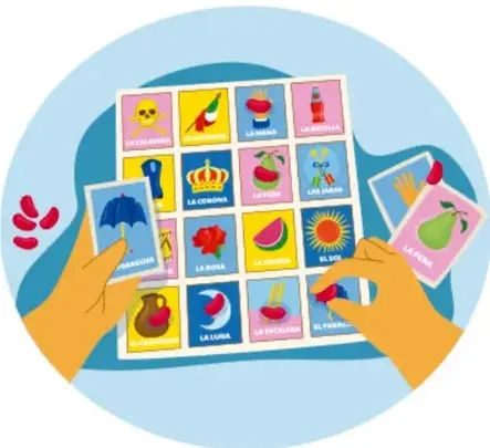 Manos jugando lotería tradicional mexicana con cartones que llevan imágenes como La Sirena, El Diablo, La Escalera, El Sol, La Luna, El Pescado, La Rosa, Las Jaras, El Paraguas.