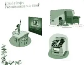 Ilustración en tonos verdes con objetos de la casa (muebles, estufa, escalera) que acompañan al recurso sobre riesgos en el hogar.