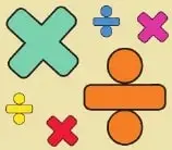 Ilustraciones de los signos de multiplicación y división junto a una representación de operaciones básicas.