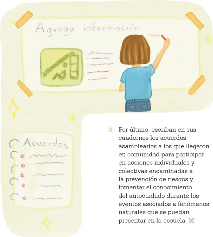Cartulina pegada con cinta adhesiva con el título «Agrega información»; una niña de espaldas escribe con plumón rojo junto a un dibujo de una casa y líneas de texto.