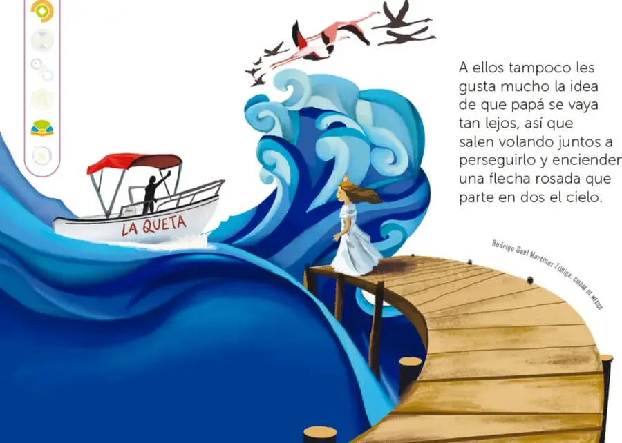 Ilustración de una gran ola azul y enrollable del mar con la lancha blanca "La Queta" de techo rojo y un hombre saludando; una niña con vestido blanco y corona está en un muelle de madera curvo; sobre la ola vuelan flamencos rosados y otras aves que forman una flecha rosada en el cielo. Firma: Rodrigo Guel Martínez Zúñiga, xalapa, veracruz.