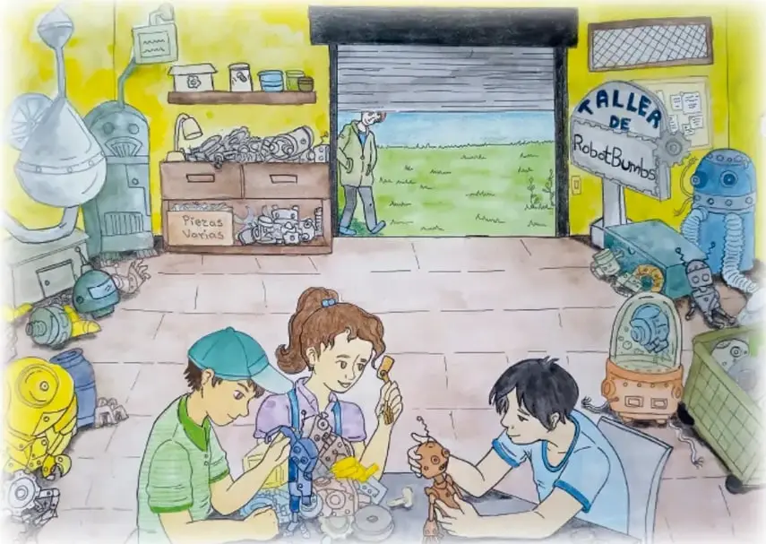 Ilustración de un taller con tres jóvenes armando robots; al fondo un anciano observa desde la puerta; hay letreros que dicen 'CALLE DE RobotBumbs' y 'Piezas Varias'.