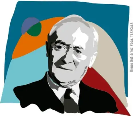 Retrato estilizado de Joan Miró con fondo de colores vivos y formas geométricas.