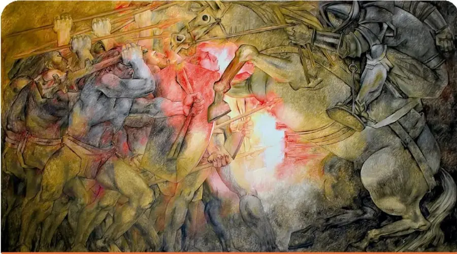 Mural de Fernando Castro Pacheco en el Palacio de Gobierno de Mérida, Yucatán. Muestra una batalla entre guerreros mayas y soldados españoles a caballo, con lanzas y colores intensos.