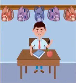 Niño sentado en una banca escolar con mochilas colgadas detrás, sobre el escritorio hay un libro y una manzana, dice ¡Se acabó!
