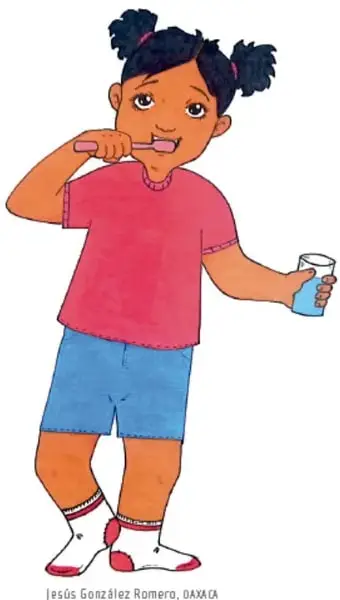 Ilustración de una niña cepillándose los dientes con un vaso de agua en la mano. Crédito: Jesús González Romero, OAXACA.
