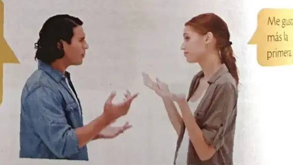 Ilustración de un hombre y una mujer conversando. Los globos de diálogo muestran que una misma frase puede decirse con tono interrogativo o exclamativo.
