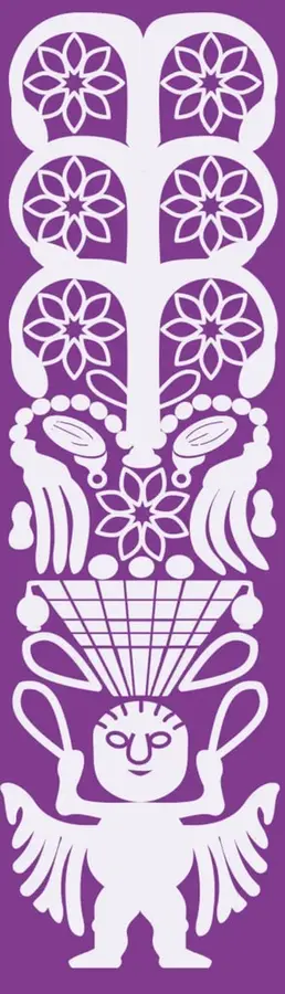 Ilustración decorativa en blanco sobre fondo morado con motivos florales y geométricos de inspiración indígena; en la parte inferior aparece una figura humana estilizada con tocado, brazos levantados y alas, asociada a la cosmovisión de los pueblos originarios.
