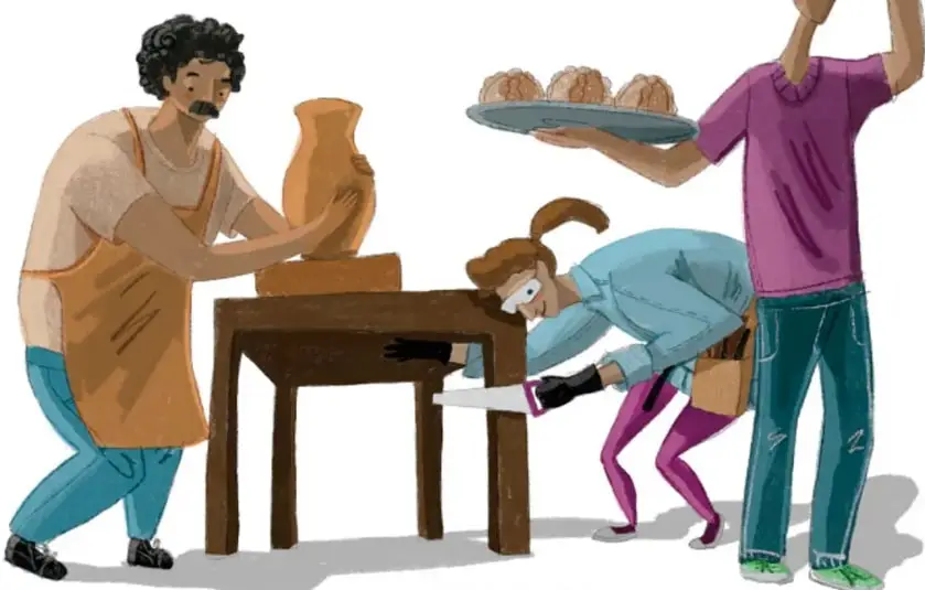 Ilustración de tres personas ejerciendo oficios: un alfarero/moldeador de barro, una trabajadora que limpia o repara una mesa con un cuchillo y un panadero que lleva una canasta de pan sobre la cabeza y un plato con panes; crédito: Frida Lorena Solano Martínez, Ciudad de México.