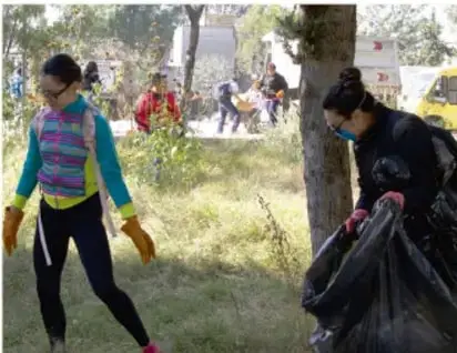 Personas participando en una jornada de trabajo comunitario al aire libre, recolectando basura en bolsas en una zona arbolada, representando el trabajo comunitario.