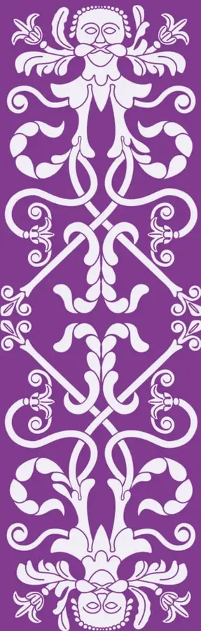 Ilustración decorativa de color morado con motivos florales y simétricos, con dos rostros humanos estilizados en los extremos superior e inferior.