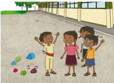 Ilustración de tres niñas sonrientes junto a su instalación artística en el patio de la escuela, con objetos de colores en el suelo. Crédito: Maya Selene García López, Ciudad de México.