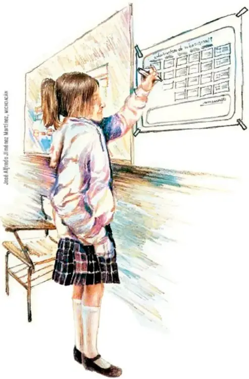 Ilustración de una niña de espaldas escribiendo en un pizarrón un cuadro sinóptico sobre la alimentación.