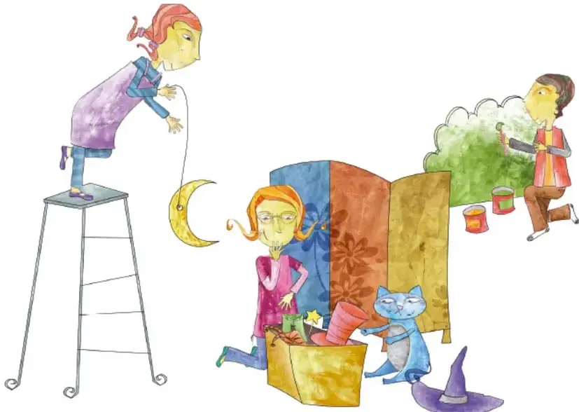 Ilustración de tres niños preparando la escenografía: una niña sobre una escalera cuelga una luna decorativa, otra revisa un baúl de utilería con un gato y un sombrero de mago, y un niño pinta un fondo verde de arbustos con pincel y botes de pintura.
