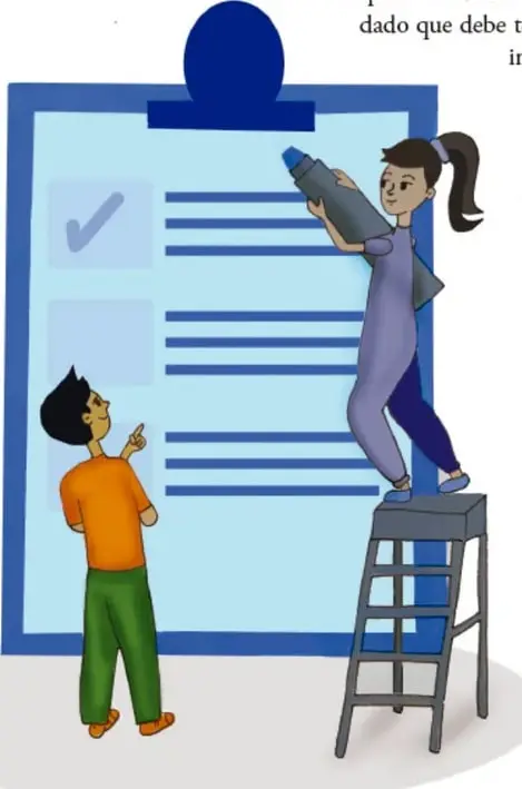 Ilustración de dos estudiantes ante una gran pizarra con casillas de verificación: una estudiante en un taburete escribe con un marcador mientras el otro observa y señala. Crédito: Adriana Maya Soto, Estado de México.